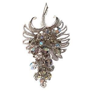 Vintage 1950s Cascading Crystal Ab Cornucopia Brooch Silver